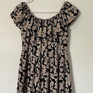 Xhilaration Black Floral Off Shoulder Dress Smocked Waist Size M